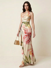Ivory Floral Print One Shoulder Satin Maxi Dress