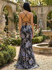 Stunning Teal Floral Sequin V-Neck Spaghetti Strap Prom Dress