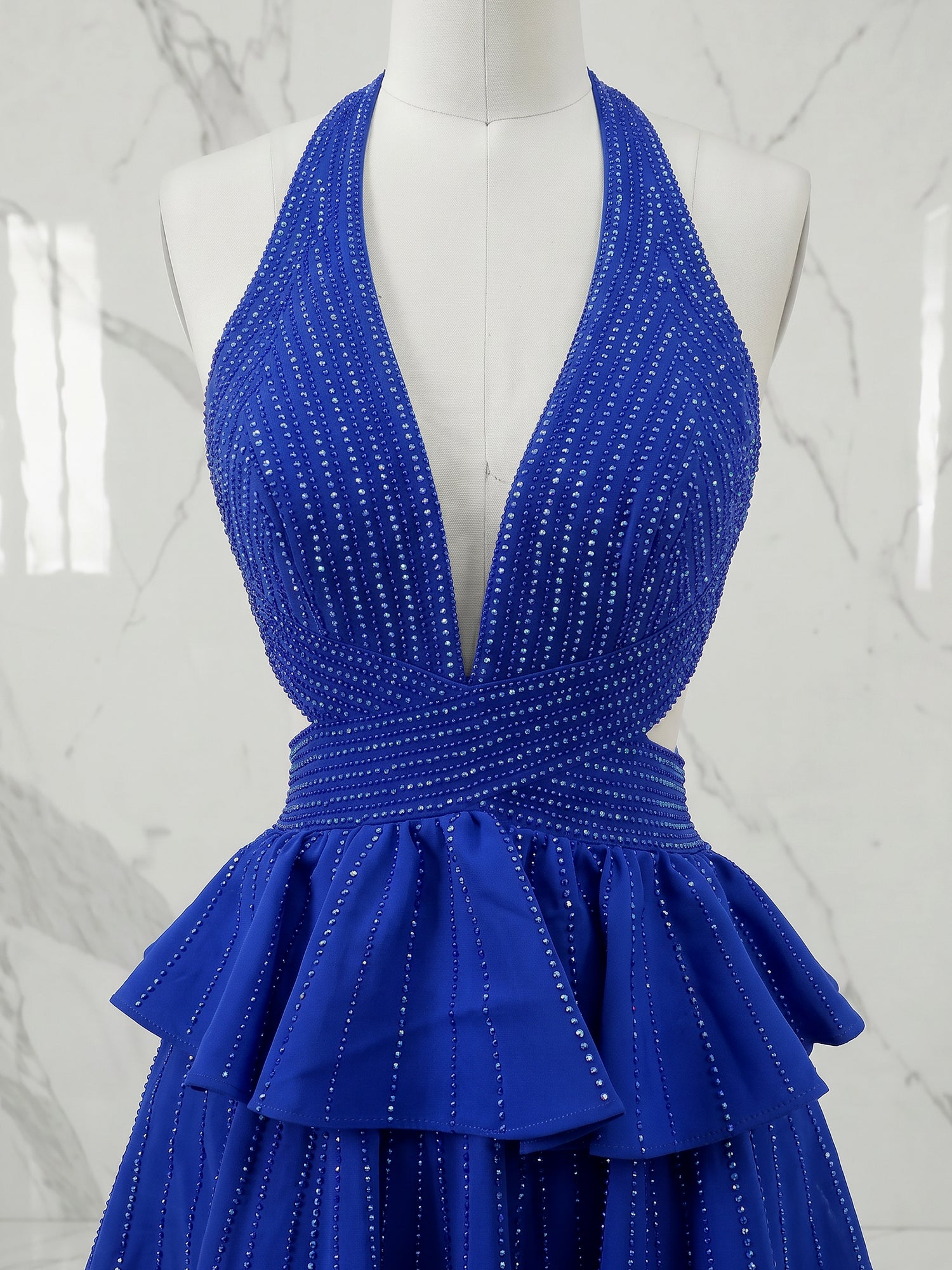 Black Halter Deep V-Neck Rhinestone Striped Tiered Ruffle Short Homecoming Dresses