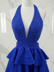 Black Halter Deep V-Neck Rhinestone Striped Tiered Ruffle Short Homecoming Dresses