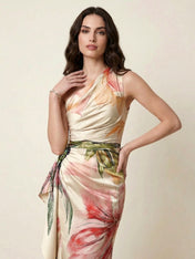 Ivory Floral Print One Shoulder Satin Maxi Dress