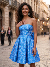 Mediterranean Blue Toile Strapless Homecoming Mini Dress with Dramatic Back Bow