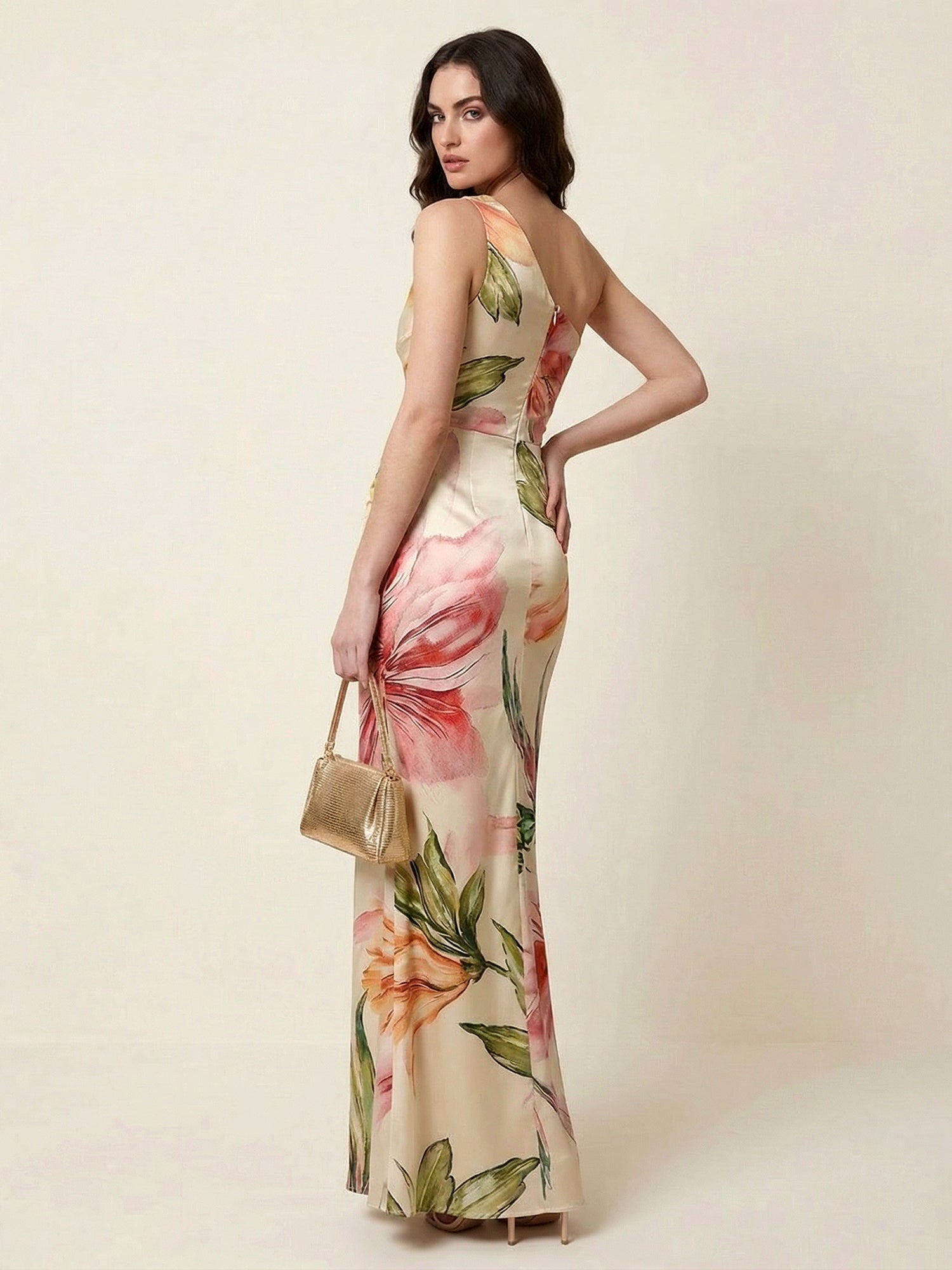 Ivory Floral Print One Shoulder Satin Maxi Dress