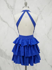 Black Halter Deep V-Neck Rhinestone Striped Tiered Ruffle Short Homecoming Dresses