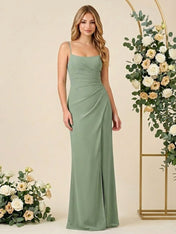 Mermaid Chiffon Spaghetti Straps Scarf Long Bridesmaid Dresses with Slit