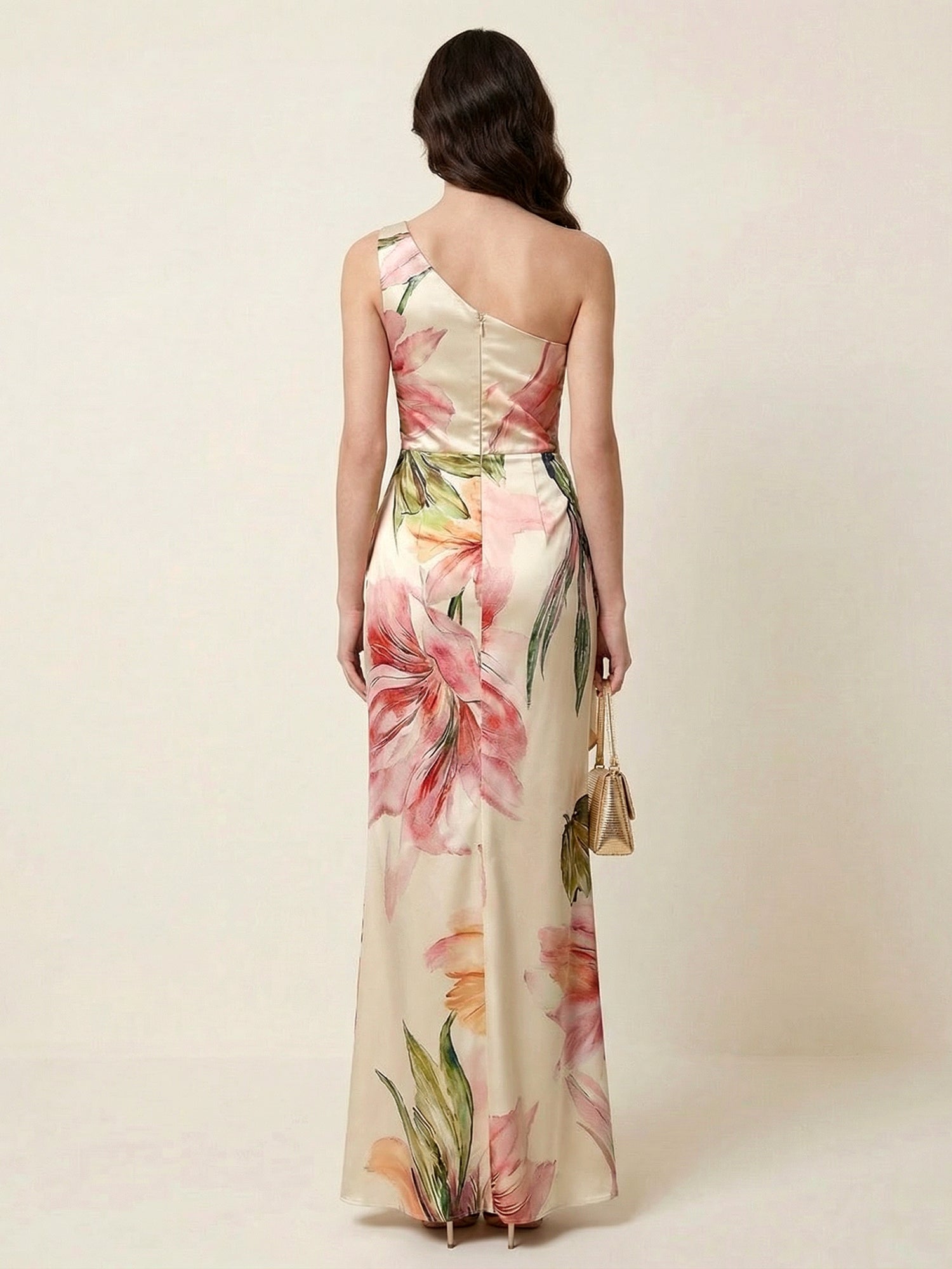 Ivory Floral Print One Shoulder Satin Maxi Dress
