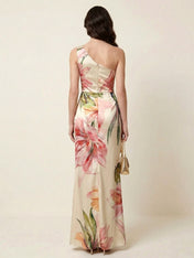 Ivory Floral Print One Shoulder Satin Maxi Dress