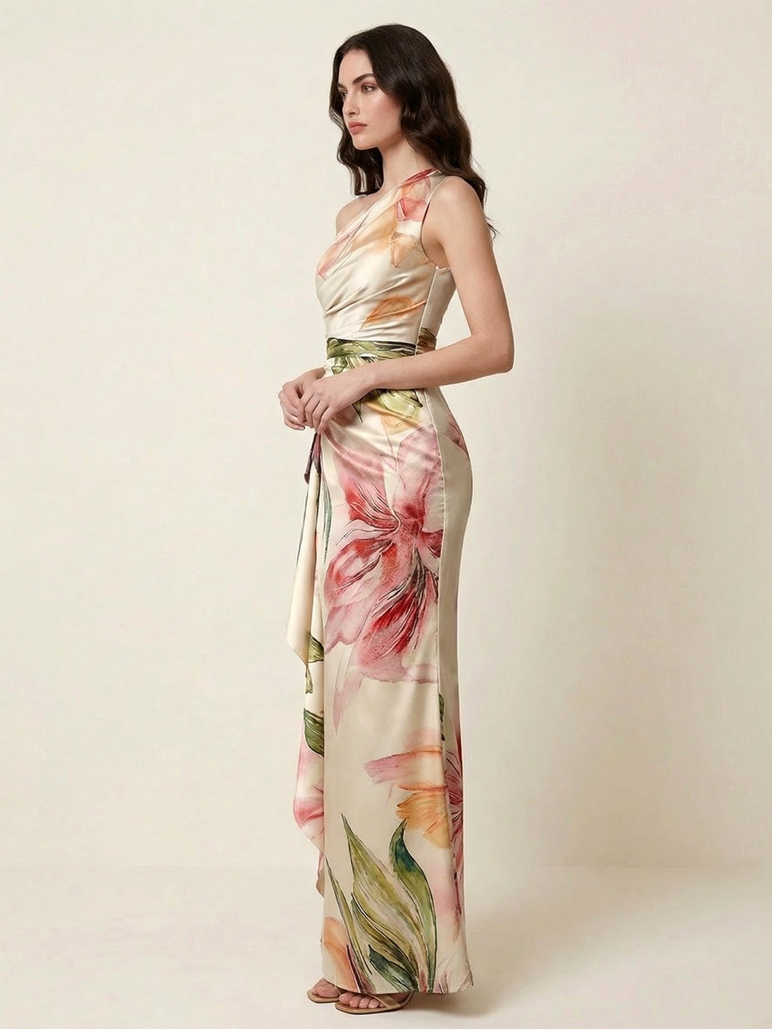 Ivory Floral Print One Shoulder Satin Maxi Dress