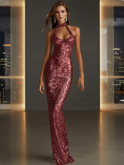 Glamorous Gold Sequin Halter Neck Mermaid Long Prom Dress
