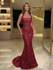 Gold Sequin Halter Mermaid Prom Dress with Ruched Waist