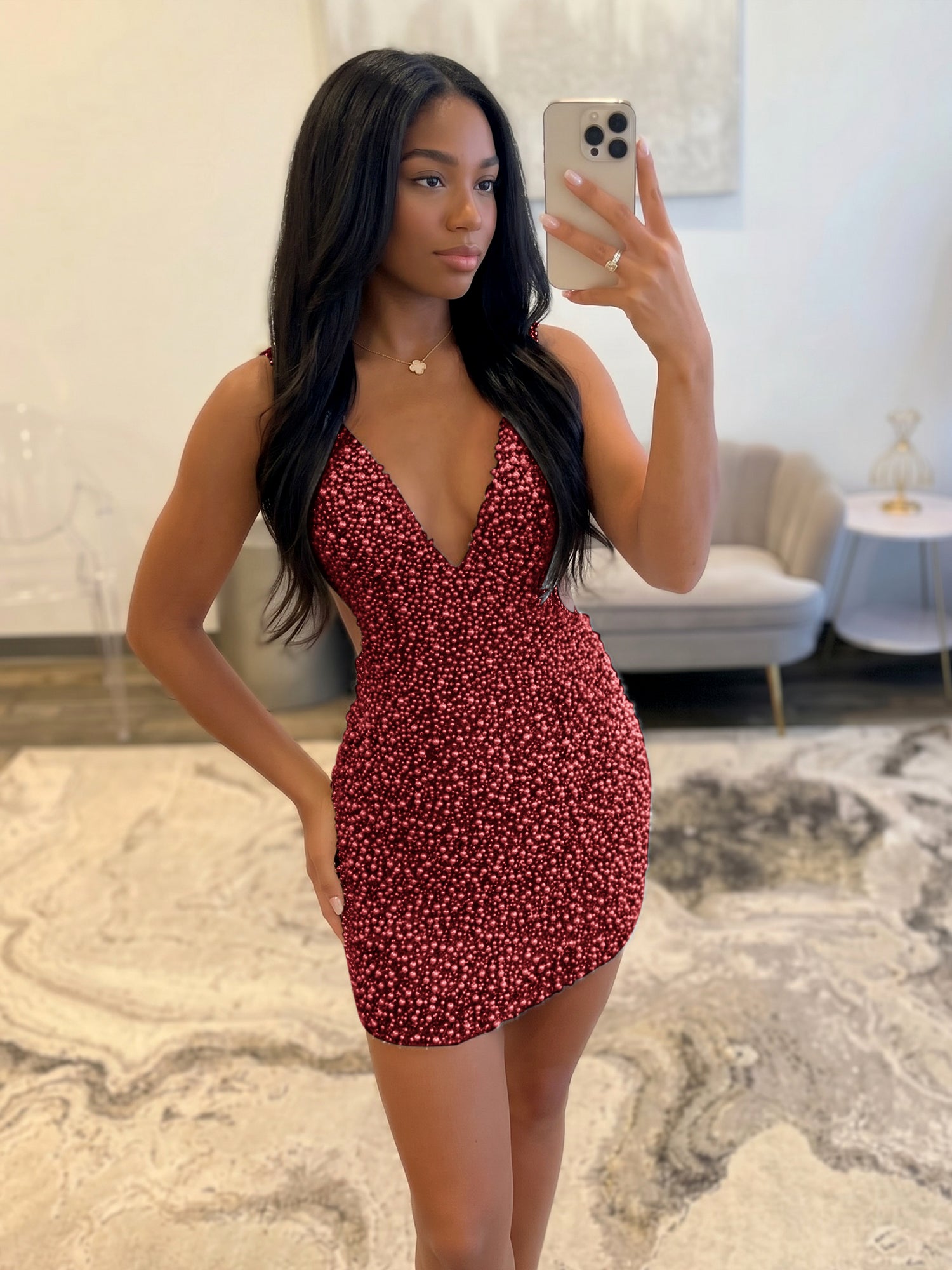 White V Neck Pearl Embellished Short Homecoming Dresses