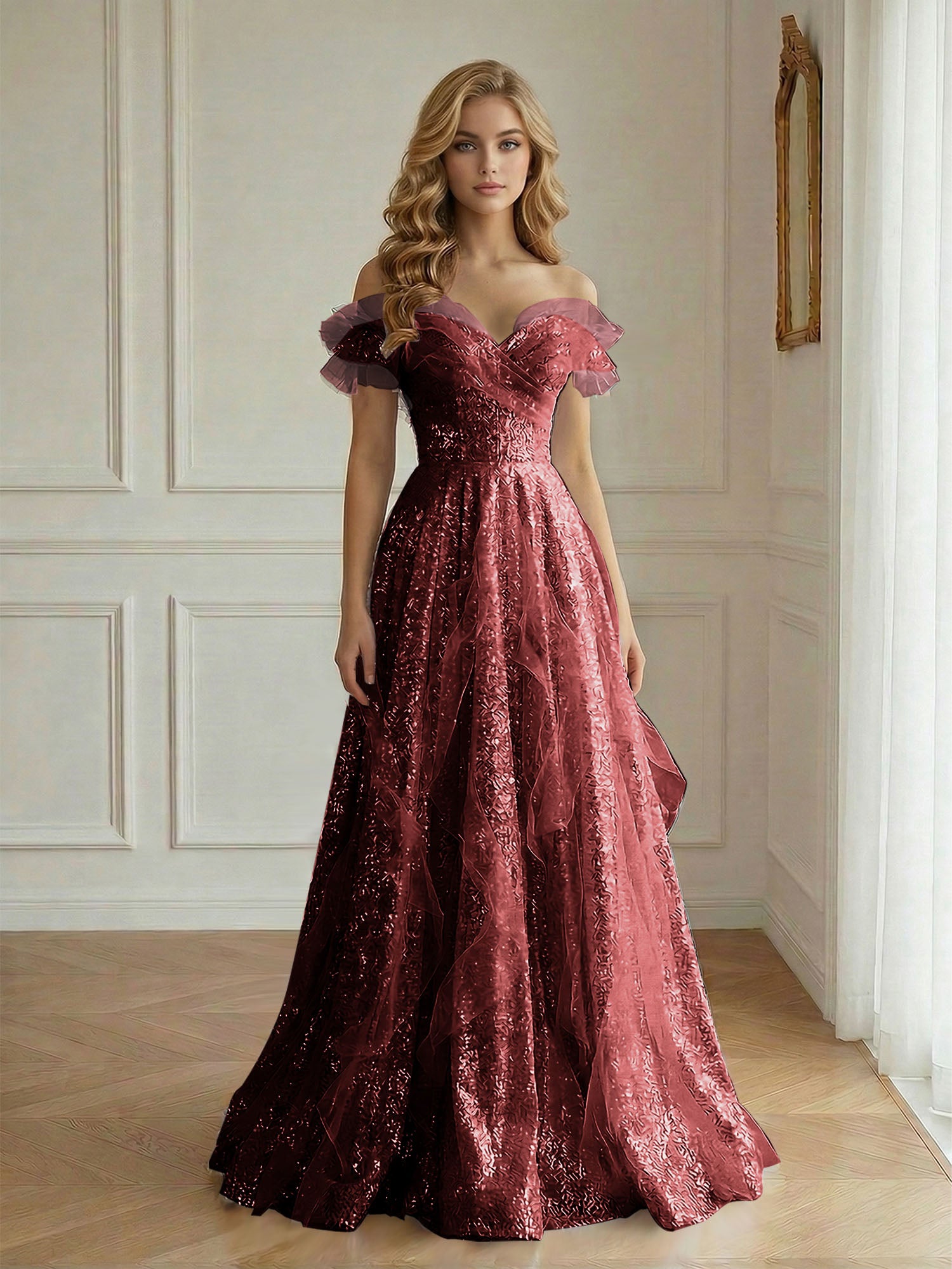 Off-the-Shoulder Sequin Tulle A-Line Gown with Ruffle Accents Prom Dress