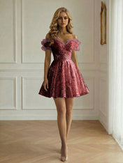Off-the-Shoulder Lace-Up Back Iridescent Tulle Party Dress Homecoming Dress