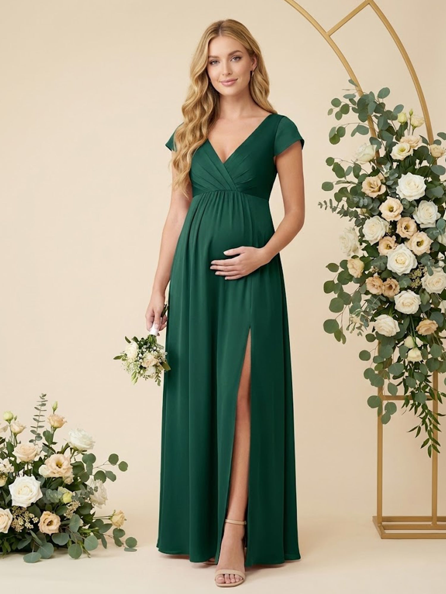 Cap Sleeves V Neck Chiffon Slit Pregnant Bridesmaid Dresses for Women