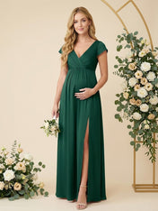 Cap Sleeves V Neck Chiffon Slit Pregnant Bridesmaid Dresses for Women