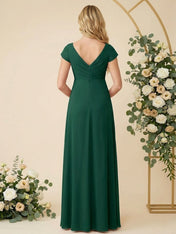 Cap Sleeves V Neck Chiffon Slit Pregnant Bridesmaid Dresses for Women
