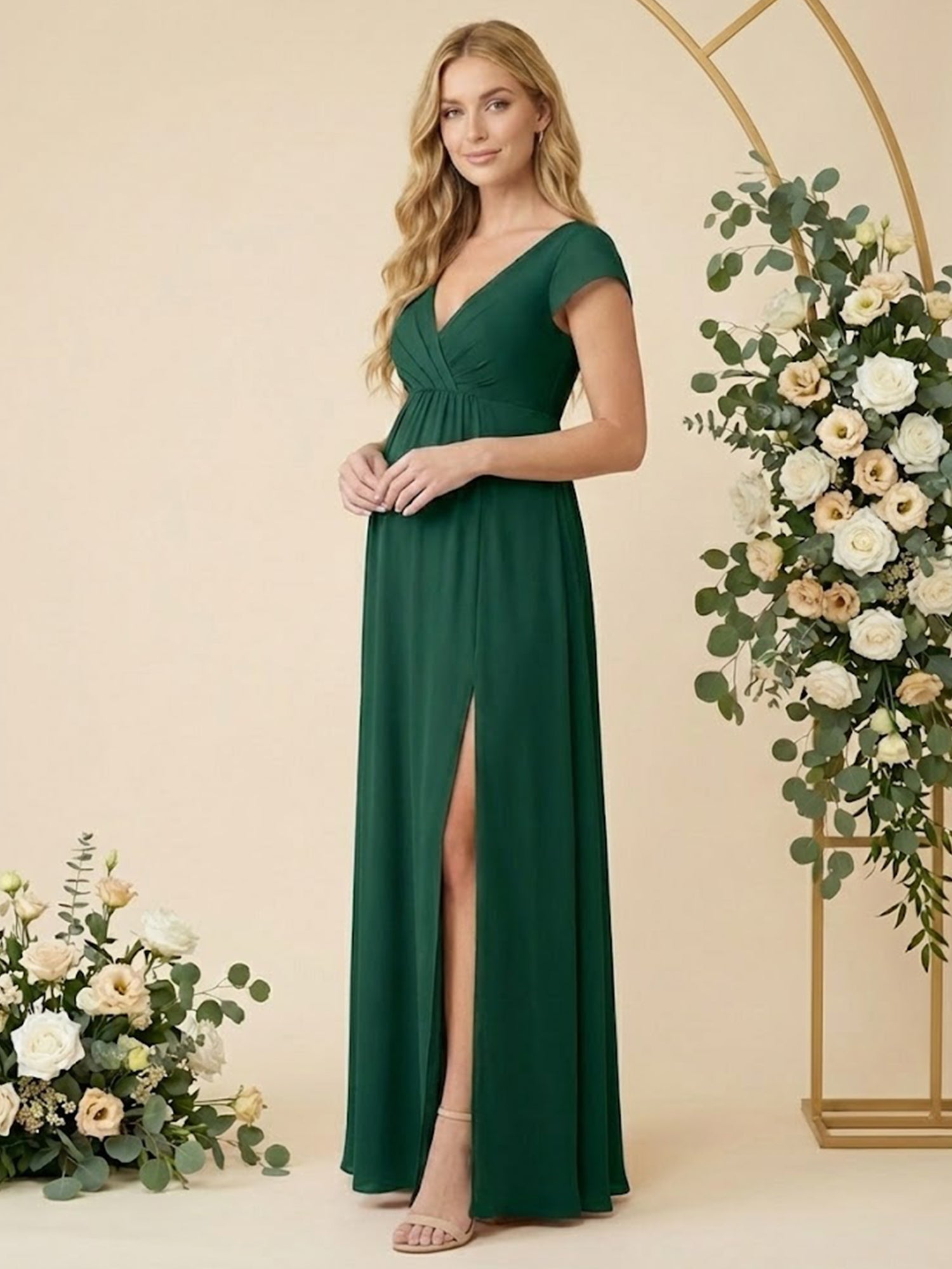 Cap Sleeves V Neck Chiffon Slit Pregnant Bridesmaid Dresses for Women