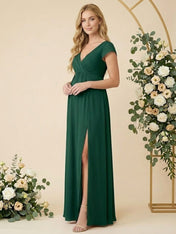 Cap Sleeves V Neck Chiffon Slit Pregnant Bridesmaid Dresses for Women