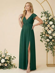 Cap Sleeves V Neck Chiffon Slit Pregnant Bridesmaid Dresses for Women