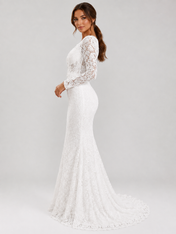 Elegant Long-Sleeve Illusion V-Neck Lace Mermaid Wedding Dress with Sweep Train