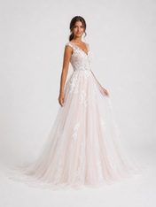 Elegant V-Neck Lace Applique Tulle A-Line Wedding Dress with Chapel Train