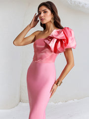 Hot Pink Satin One Shoulder Sleeveless Ankle Length Dress With Ruffles