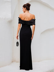 Black Stretch Crepe Off The Shoulder Sleeveless Floor Length Dress With High Slit