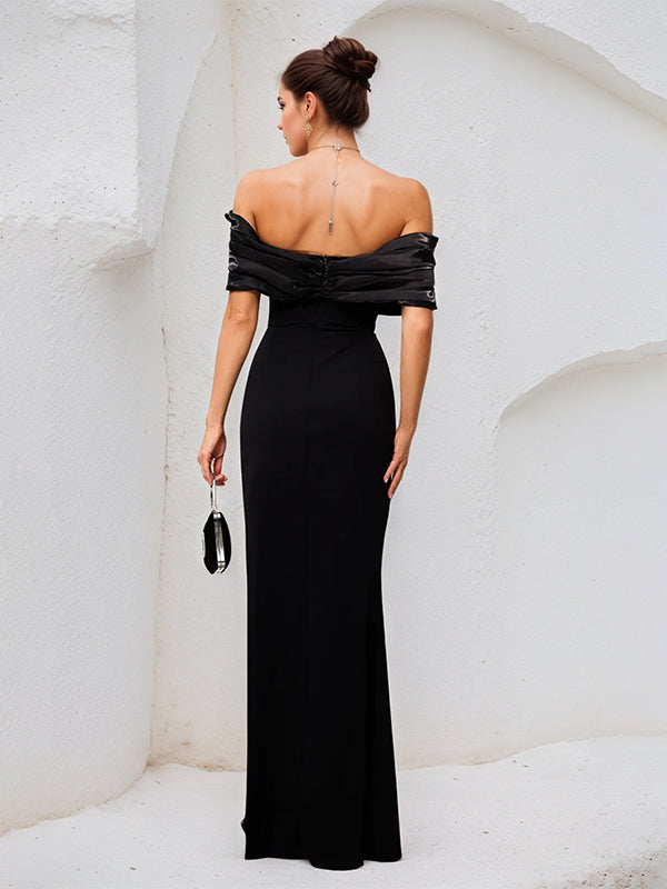 Black Stretch Crepe Off The Shoulder Sleeveless Floor Length Dress With High Slit