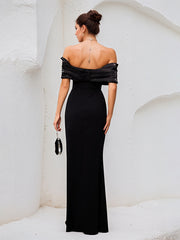 Black Stretch Crepe Off The Shoulder Sleeveless Floor Length Dress With High Slit