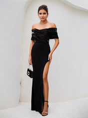 Black Stretch Crepe Off The Shoulder Sleeveless Floor Length Dress With High Slit