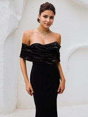 Black Stretch Crepe Off The Shoulder Sleeveless Floor Length Dress With High Slit