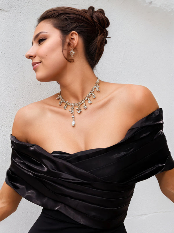 Black Stretch Crepe Off The Shoulder Sleeveless Floor Length Dress With High Slit