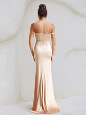 Peach Pink Satin Off the Shoulder Sleeveless Floor Length Mermaid Dress With High Slit