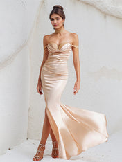 Peach Pink Satin Off the Shoulder Sleeveless Floor Length Mermaid Dress With High Slit