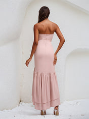 Pink Chiffon Off the Shoulder Sleeveless Asymmetrical Length Dress With Ruffles