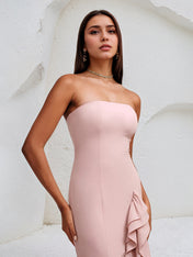 Pink Chiffon Off the Shoulder Sleeveless Asymmetrical Length Dress With Ruffles
