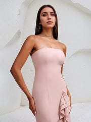 Pink Chiffon Off the Shoulder Sleeveless Asymmetrical Length Dress With Ruffles
