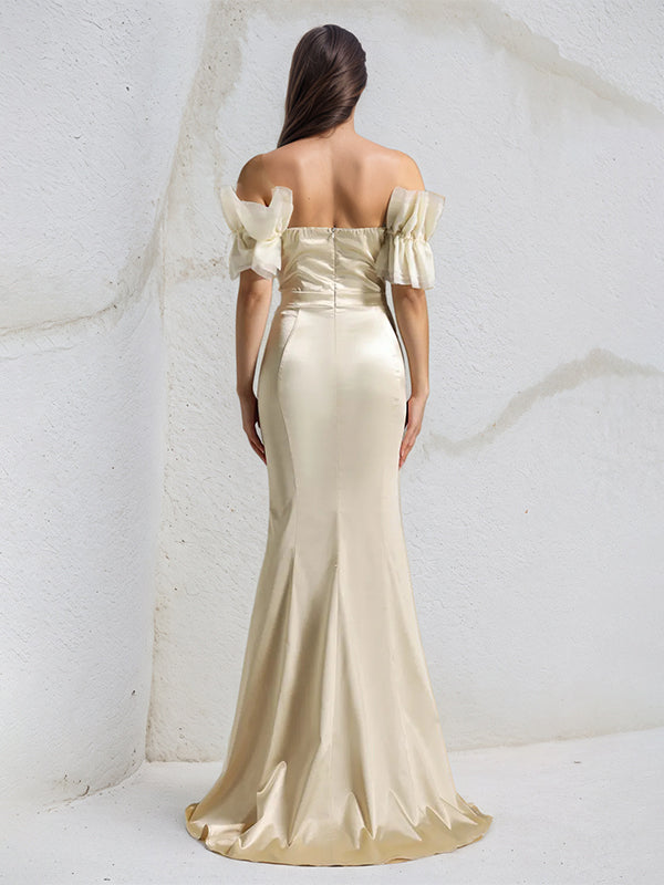 Champagne Satin Off the Shoulder Sleeveless Floor Length Mermaid Dress