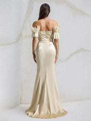 Champagne Satin Off the Shoulder Sleeveless Floor Length Mermaid Dress