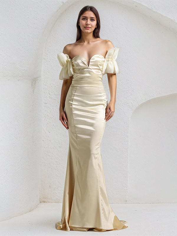 Champagne Satin Off the Shoulder Sleeveless Floor Length Mermaid Dress