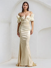 Champagne Satin Off the Shoulder Sleeveless Floor Length Mermaid Dress