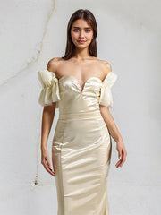 Champagne Satin Off the Shoulder Sleeveless Floor Length Mermaid Dress
