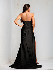 Black Satin Sweetheart Neck Sleeveless Floor Length Dress With High Slit