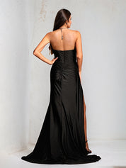 Black Satin Sweetheart Neck Sleeveless Floor Length Dress With High Slit