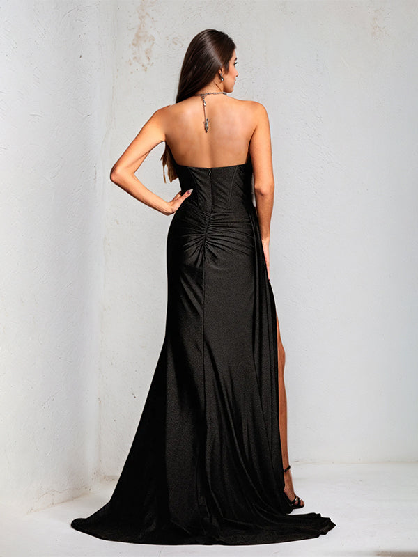 Black Satin Sweetheart Neck Sleeveless Floor Length Dress With High Slit