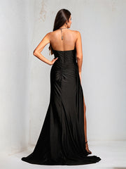 Black Satin Sweetheart Neck Sleeveless Floor Length Dress With High Slit