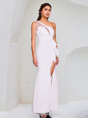 White Chiffon One Shoulder Sleeveless Floor Length Dress With High Slit