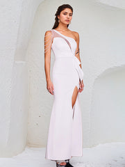 White Chiffon One Shoulder Sleeveless Floor Length Dress With High Slit
