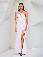 White Chiffon One Shoulder Sleeveless Floor Length Dress With High Slit