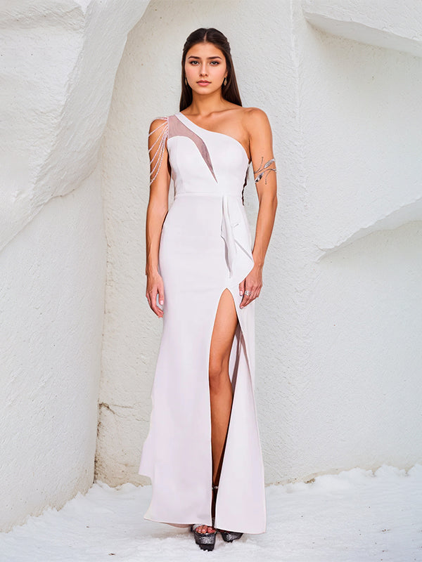 White Chiffon One Shoulder Sleeveless Floor Length Dress With High Slit
